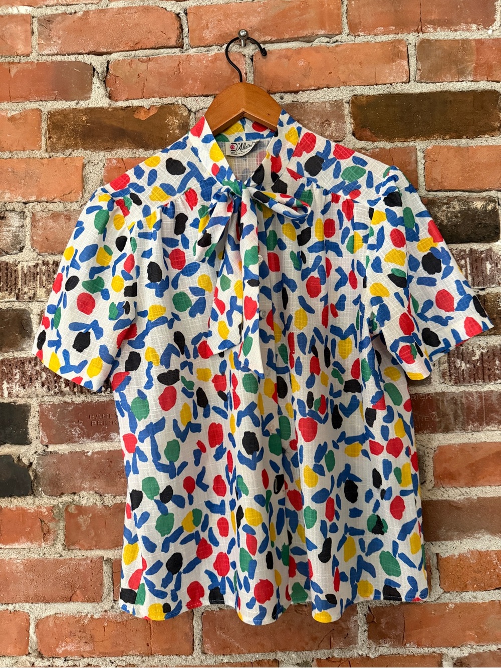 Vintage-Inspired Multicolor Dot Tie-Neck Women’s Button Up Shirt